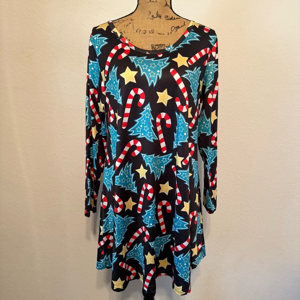 Christmas dress with bright colors, candy canes and trees large